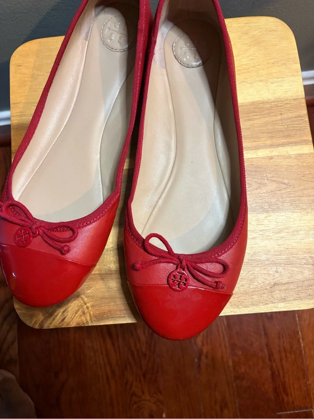 Tory Burch Red Patent Leather Logo Bow Flats
